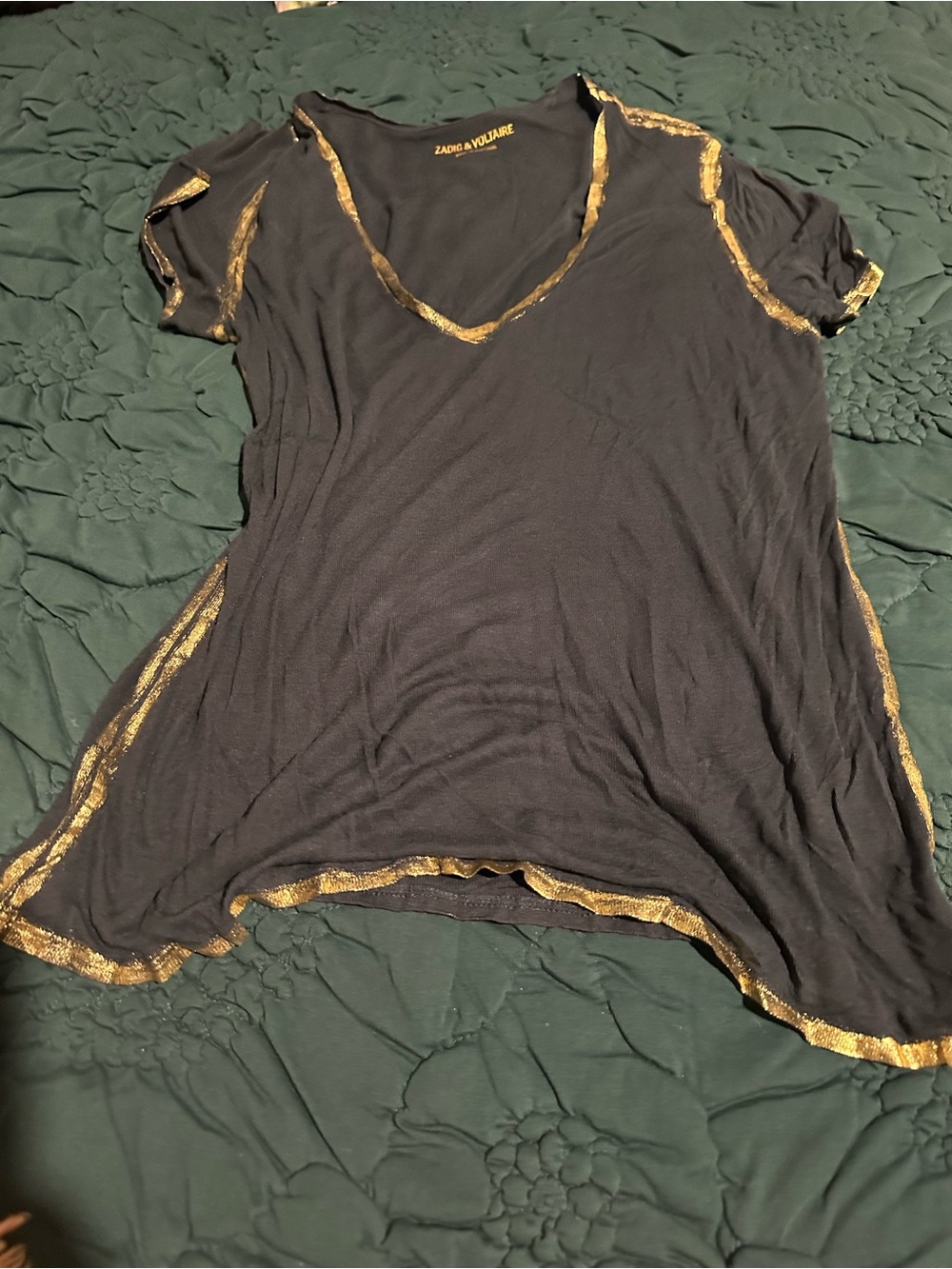 Zadig & Voltaire Navy Short-Sleeve V-Neck Tee with Gold Edge